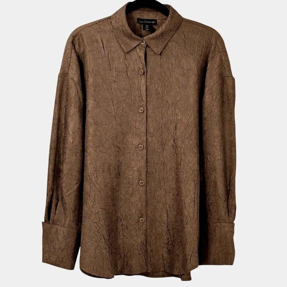 House of Harlow chocolate Brown Crinkle Button‎ Down Top Womens sz L minimalist